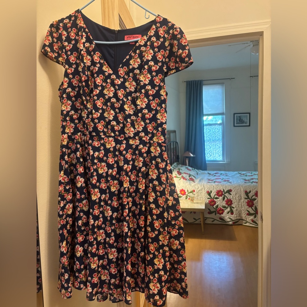 Betsey Johnson Navy Midi Dress with Pink and Cream Floral Print